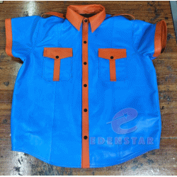 GAY Master Men's Genuine Leather Shirt Half Sleeve Uniforms Blue Orange Button Closer