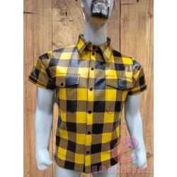 MEN'S GAY LEATHER SHIRT HALF SLEEVE UNIFORMS SHIRT YELLOW SUBLIMATION LEATHER