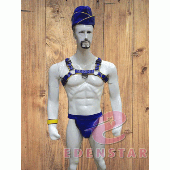 Men's Leather Harness Body Chest Armor Blue Yellow Piping Garrison Army HAT Jock