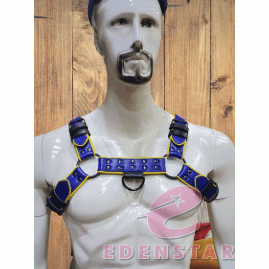 Men's Leather Harness Body Chest Armor Blue Yellow Piping Garrison Army HAT Jock