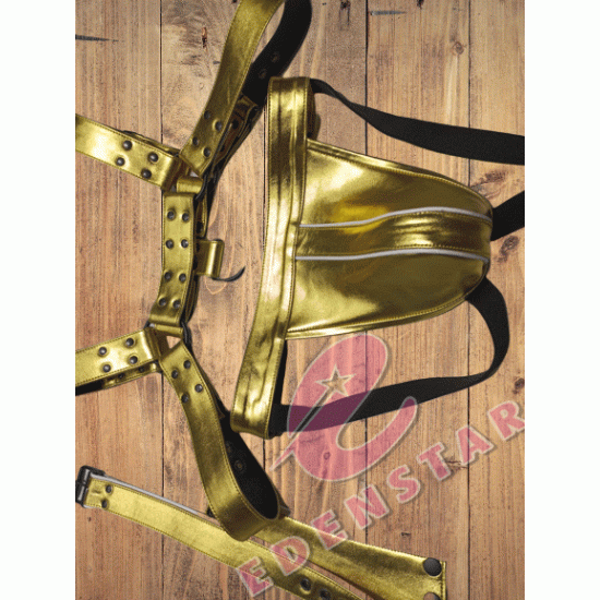 Men's Leather Harness Body Chest Armor Buckles Belt Golden With Gold Accessory