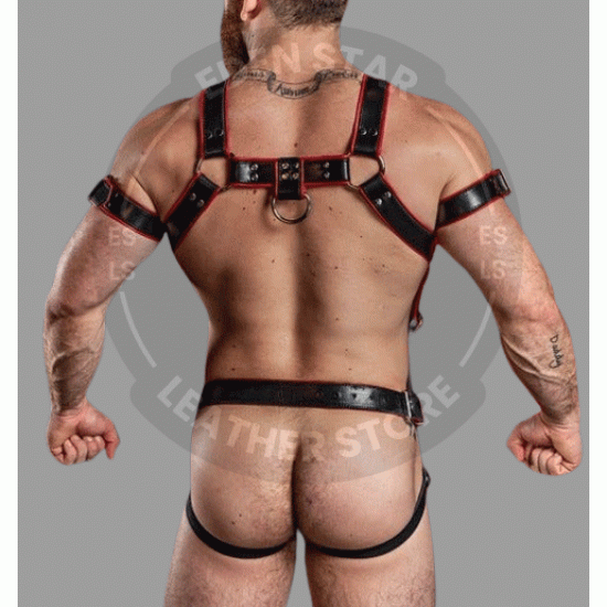 Leather Jockstrap Crossbow/Hunter Body Harness and Jockstrap in Black & Red Leather and Bicep restraints Leather Jockstrap Crossbow/Hunter Body Harness and Jockstrap in Black & Red Leather and Bicep restraints