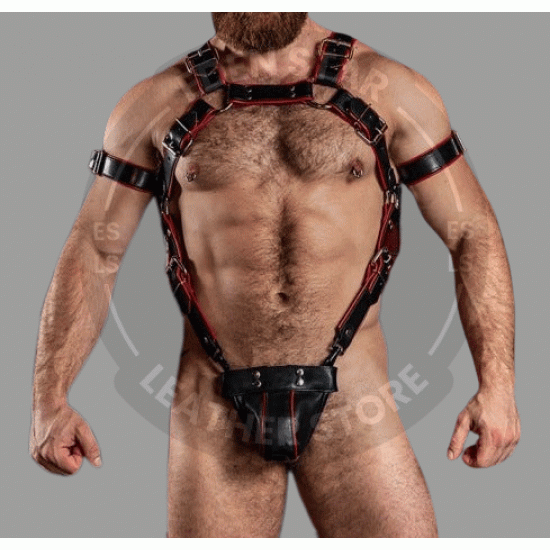 Leather Jockstrap Crossbow/Hunter Body Harness and Jockstrap in Black & Red Leather and Bicep restraints Leather Jockstrap Crossbow/Hunter Body Harness and Jockstrap in Black & Red Leather and Bicep restraints