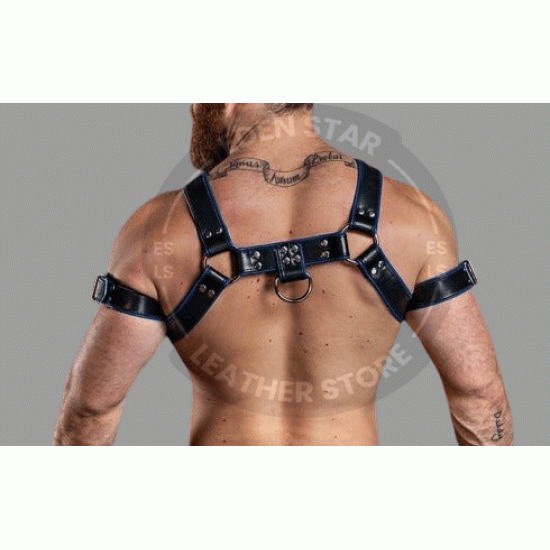 Original Black Leather Trojan Hunter Body Harness with Blue Piping Connected with Trojan Jockstrap Leather Body Gay Harness Men