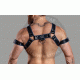 Original Black Leather Trojan Hunter Body Harness with Blue Piping Connected with Trojan Jockstrap Leather Body Gay Harness Men