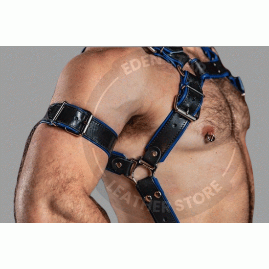 Original Black Leather Trojan Hunter Body Harness with Blue Piping Connected with Trojan Jockstrap Leather Body Gay Harness Men