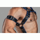 Original Black Leather Trojan Hunter Body Harness with Blue Piping Connected with Trojan Jockstrap Leather Body Gay Harness Men