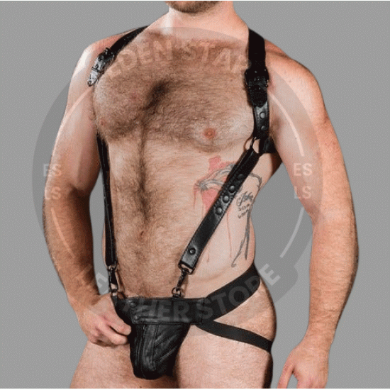 Genuine Black Leather Sport Jock Strap connected with Crossbow/Hunter Body Harnesses Having Premium Quality Genuine Black Leather Sport Jock Strap connected with Crossbow/Hunter Body Harnesses Having Premium Quality