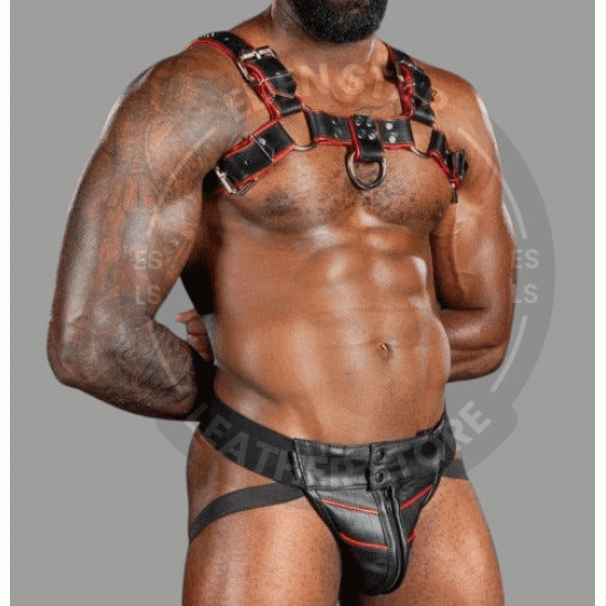 Seductive Hot Black Genuine Leather Harness and Jockstrap with Red Piping- chest harness jockstrap Seductive Hot Black Genuine Leather Harness and Jockstrap with Red Piping- chest harness jockstrap