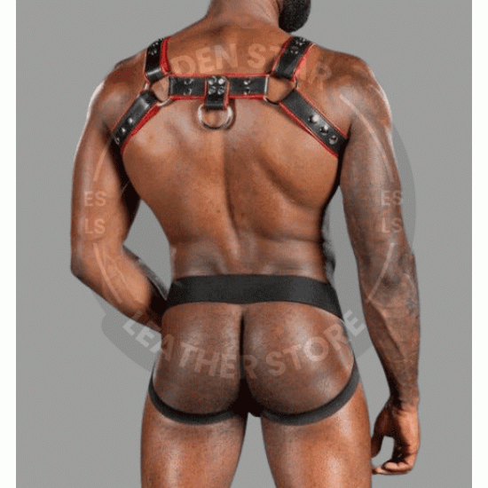 Seductive Hot Black Genuine Leather Harness and Jockstrap with Red Piping- chest harness jockstrap Seductive Hot Black Genuine Leather Harness and Jockstrap with Red Piping- chest harness jockstrap