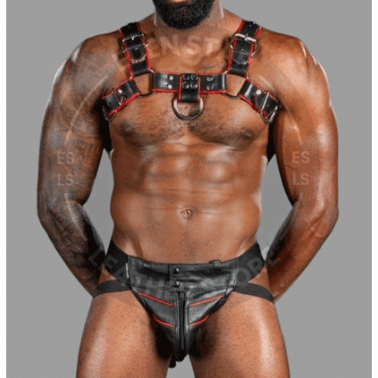 Seductive Hot Black Genuine Leather Harness and Jockstrap with Red Piping- chest harness jockstrap Seductive Hot Black Genuine Leather Harness and Jockstrap with Red Piping- chest harness jockstrap