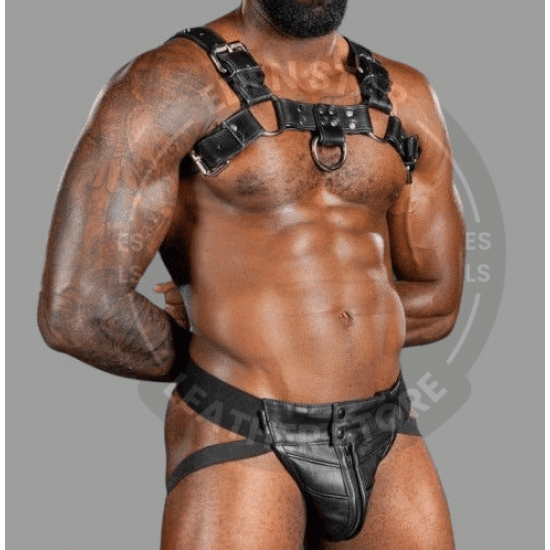 Seductive Hot Black Genuine Leather Harness and Jockstrap with Black Piping- chest harness jockstrap Seductive Hot Black Genuine Leather Harness and Jockstrap with Black Piping- chest harness jockstrap