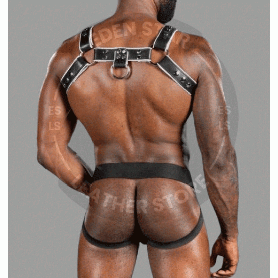 Handmade Seductive Hot Black Genuine Leather Harness and Jockstrap with White Piping, Men's Leather Gay Bulldog Body Harness Chest Armor Handmade Seductive Hot Black Genuine Leather Harness and Jockstrap with White Piping, Men's Leather Gay Bulldog Body Harness Chest Armor