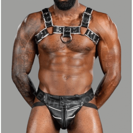 Handmade Seductive Hot Black Genuine Leather Harness and Jockstrap with White Piping, Men's Leather Gay Bulldog Body Harness Chest Armor Handmade Seductive Hot Black Genuine Leather Harness and Jockstrap with White Piping, Men's Leather Gay Bulldog Body Harness Chest Armor