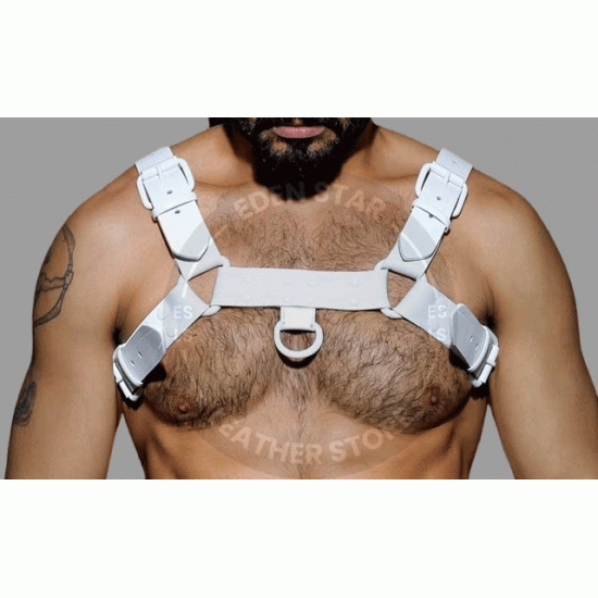 Men's Real White Leather Bulldog Chest Harness with White Accessory - Handcrafted Bulldog Harness - Plus Size Options - Edgy Leather Outfit Men's Real White Leather Bulldog Chest Harness with White Accessory - Handcrafted Bulldog Harness - Plus Size Options - Edgy Leather Outfit