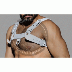 Men's Real White Leather Bulldog Chest Harness with White Accessory - Handcrafted Bulldog Harness - Plus Size Options - Edgy Leather Outfit