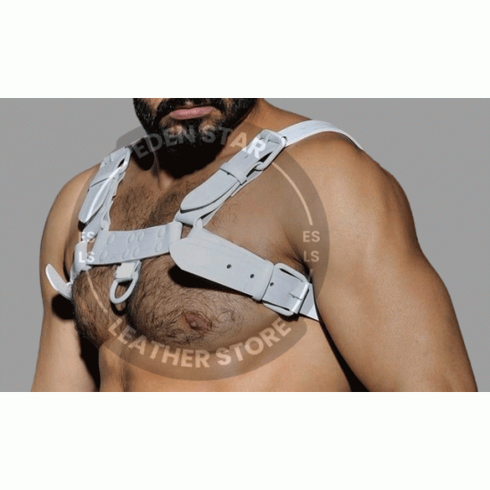 Men's Real White Leather Bulldog Chest Harness with White Accessory - Handcrafted Bulldog Harness - Plus Size Options - Edgy Leather Outfit Men's Real White Leather Bulldog Chest Harness with White Accessory - Handcrafted Bulldog Harness - Plus Size Options - Edgy Leather Outfit