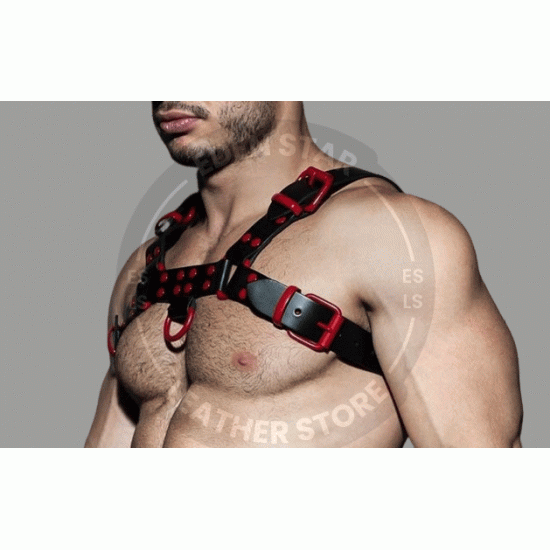 Men's Real Black Leather Bulldog Chest Harness with Red Accessory - Handcrafted Bulldog Harness - Plus Size Options - Edgy Leather Outfit Men's Real Black Leather Bulldog Chest Harness with Red Accessory - Handcrafted Bulldog Harness - Plus Size Options - Edgy Leather Outfit