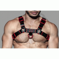 Men's Real Black Leather Bulldog Chest Harness with Red Accessory - Handcrafted Bulldog Harness - Plus Size Options - Edgy Leather Outfit
