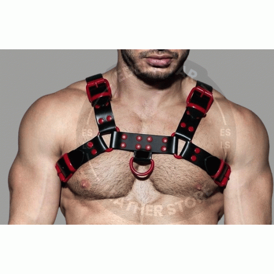 Men's Real Black Leather Bulldog Chest Harness with Red Accessory - Handcrafted Bulldog Harness - Plus Size Options - Edgy Leather Outfit Men's Real Black Leather Bulldog Chest Harness with Red Accessory - Handcrafted Bulldog Harness - Plus Size Options - Edgy Leather Outfit