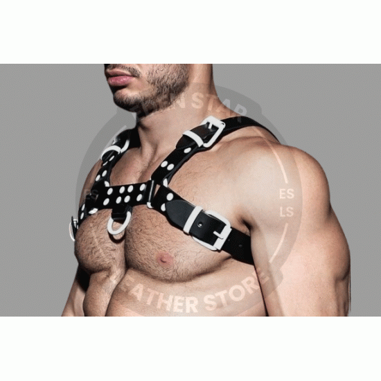 Men's Real Black Leather Bulldog Chest Harness with White Accessory - Handcrafted Bulldog Harness - Plus Size Options - Edgy Leather Outfit Men's Real Black Leather Bulldog Chest Harness with White Accessory - Handcrafted Bulldog Harness - Plus Size Options - Edgy Leather Outfit