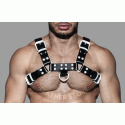 Men's Real Black Leather Bulldog Chest Harness with White Accessory - Handcrafted Bulldog Harness - Plus Size Options - Edgy Leather Outfit