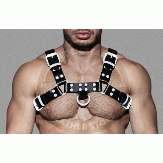 Men's Real Black Leather Bulldog Chest Harness with White Accessory - Handcrafted Bulldog Harness - Plus Size Options - Edgy Leather Outfit Men's Real Black Leather Bulldog Chest Harness with White Accessory - Handcrafted Bulldog Harness - Plus Size Options - Edgy Leather Outfit