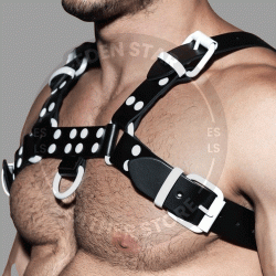 Men's Real Black Leather Bulldog Chest Harness with White Accessory - Handcrafted Bulldog Harness - Plus Size Options - Edgy Leather Outfit