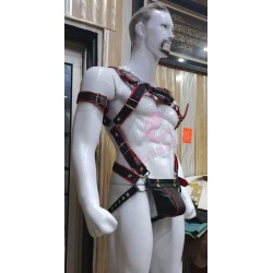 Men Leather Gay Harness Body Chest Armor Buckles Adjustable Arm Belt Red Piping