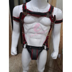 Men Leather Gay Harness Body Chest Armor Buckles Adjustable Arm Belt Red Piping