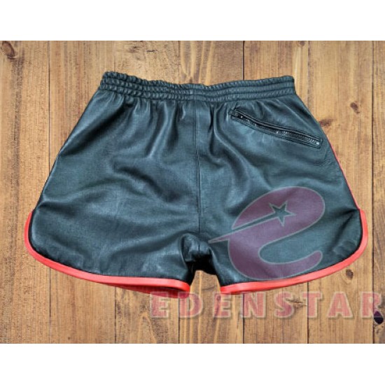 Men's Leather Gym Shorts Back Zipper Pocket Black With Red Piping
