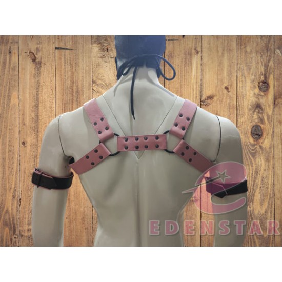 Men's Gay Pink Leather BullDog Chest Body Harness Armor Jock with Puppy Mask