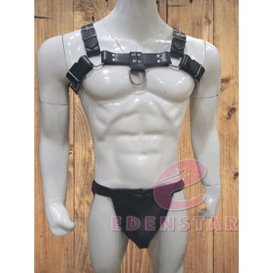 Men's Leather Gay Body Harness Chest Armor Black Mitten's Garrison Army HAT Jock