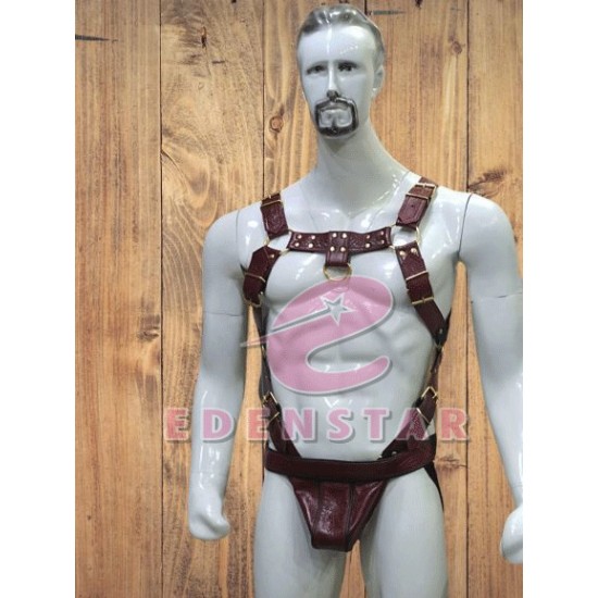 Men's Leather Harness Body Chest Armor Buckles Belt brownies red Gold Accessory