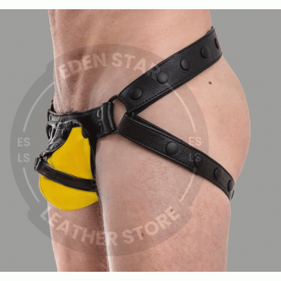 Men's Leather Jockstrap with Yellow Accent Panels and Metal Ring - Comfortable and Stylish Men's Leather Jockstrap with Yellow Accent Panels and Metal Ring - Comfortable and Stylish