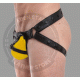 Men's Leather Jockstrap with Yellow Accent Panels and Metal Ring - Comfortable and Stylish Men's Leather Jockstrap with Yellow Accent Panels and Metal Ring - Comfortable and Stylish