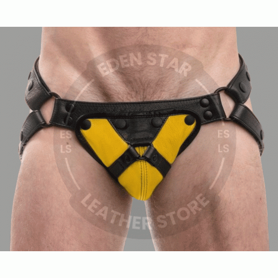 Men's Leather Jockstrap with Yellow Accent Panels and Metal Ring - Comfortable and Stylish Men's Leather Jockstrap with Yellow Accent Panels and Metal Ring - Comfortable and Stylish