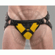 Men's Leather Jockstrap with Yellow Accent Panels and Metal Ring - Comfortable and Stylish Men's Leather Jockstrap with Yellow Accent Panels and Metal Ring - Comfortable and Stylish