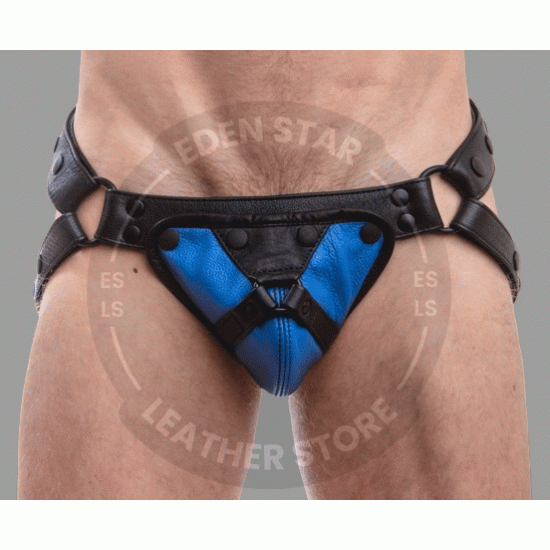 Men's Adjustable Black Leather Jockstrap with Blue Accents - Comfortable and Stylish Men's Adjustable Black Leather Jockstrap with Blue Accents - Comfortable and Stylish