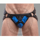 Men's Adjustable Black Leather Jockstrap with Blue Accents - Comfortable and Stylish Men's Adjustable Black Leather Jockstrap with Blue Accents - Comfortable and Stylish