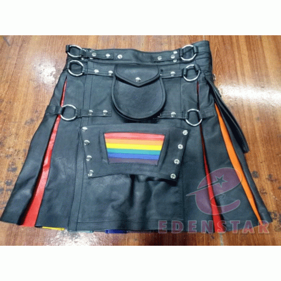 Men's Leather Gay Pride Flag Multi Color Kilt Pocket Pouch Granted Cultural Men