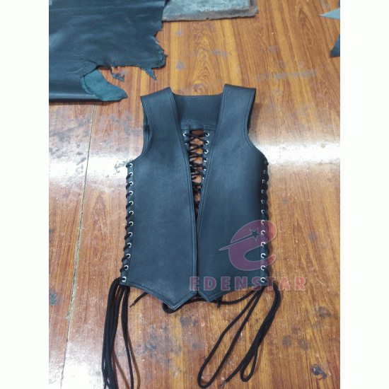 New Genuine Leather Bar vest Lace Up Style Top Open Front Sleeveless Fetish Gay